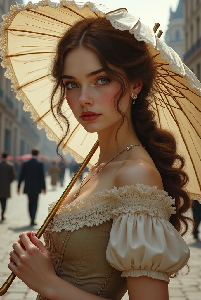 18 year old girl, Brown hair, green eyes, thick and slightly red lips, Hair collected, with Victorian era dress, with a parasol and a London landscape in 1880