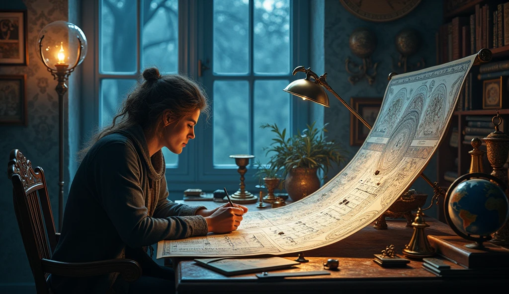 A dynamic scene of an astrologer at a desk, working on charts with a large Moon phase calendar displayed prominently. The room is illuminated by Moonlight, creating an atmosphere of focus and precision. --ar 16:9