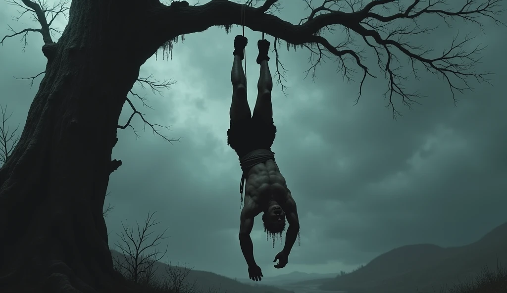 Man tied to a tree hanging upside down