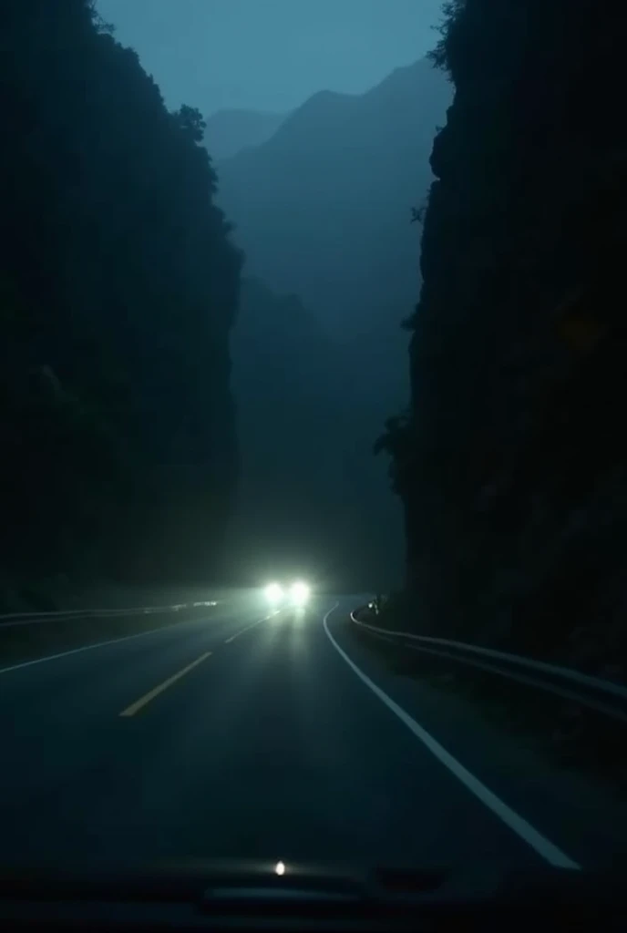 Subjective footage from the rear-mounted camera, a pitch black night with the moon hidden, a narrow road over a mountain pass with a series of steep, winding slopes and sharp curves where passing each other is difficult, and visibility is poor from the driver's seat, and only the headlights of the car faintly illuminating the asphalt can be relied upon. Pitch blackness covers the whole area, and one wrong step will send you plummeting into the abyss of a deep, black valley. Suddenly, a thin metal guardrail illuminated by the low beam of the headlights appeared just a few meters ahead through the windshield, and I panicked and swerved sharply.