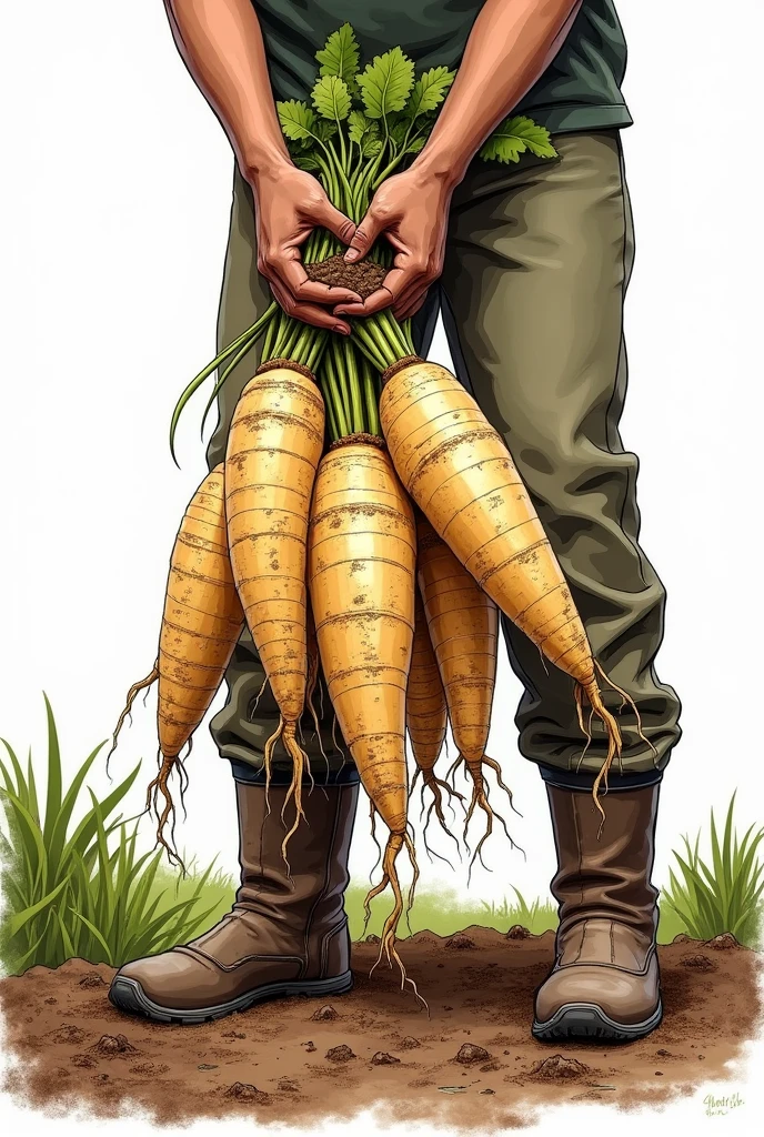 Create an illustration of freshly harvested cassava roots being held by a person in the field. The cassava roots should be covered in soil, with some sections showing the rough texture of the skin. The person holding the cassava should be partially visible, wearing outdoor work clothes and boots, but the focus should be on the roots. The background should be transparent, allowing the roots and the person's hands to stand out. The overall style should resemble a hand-drawn or painted image, with clear lines and shading to add depth and realism to the scene