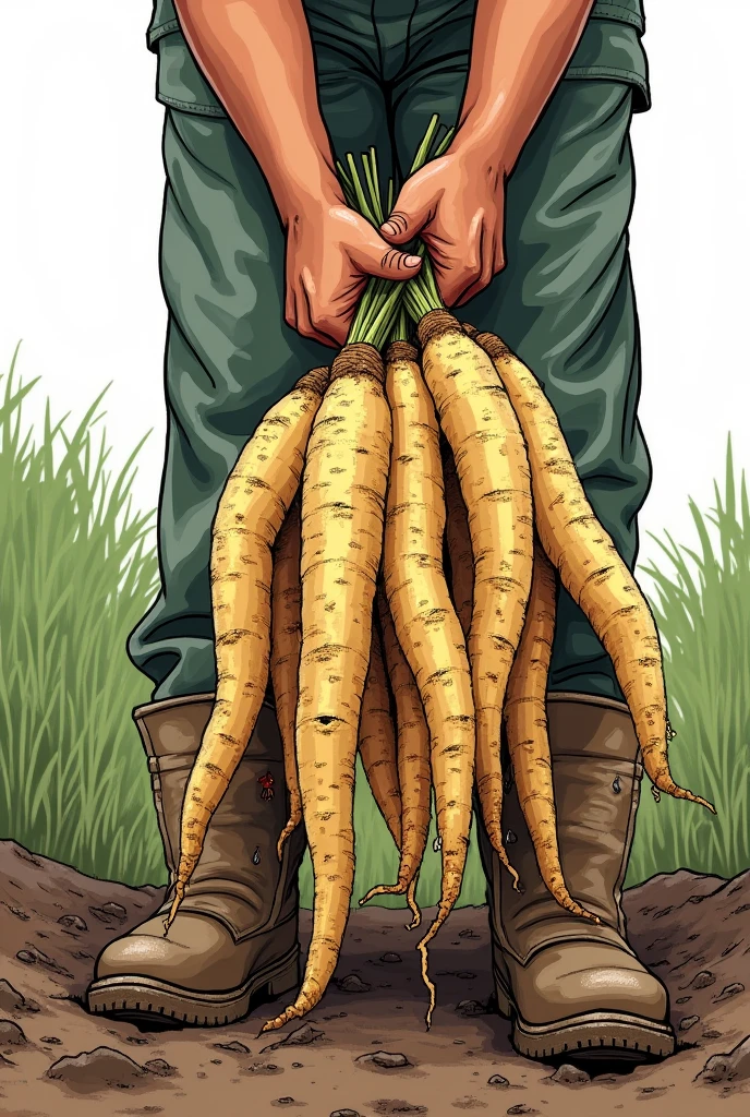 Create an illustration of freshly harvested cassava roots being held by a person in the field. The cassava roots should be covered in soil, with some sections showing the rough texture of the skin. The person holding the cassava should be partially visible, wearing outdoor work clothes and boots, but the focus should be on the roots. The background should be transparent, allowing the roots and the person's hands to stand out. The overall style should resemble a hand-drawn or painted image, with clear lines and shading to add depth and realism to the scene
