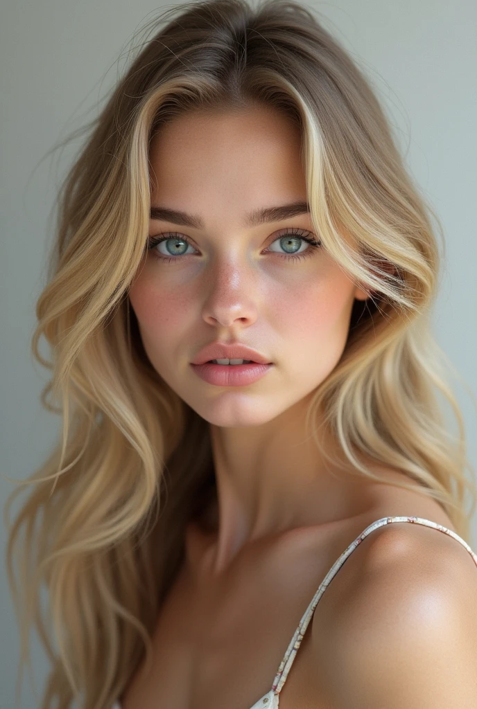 20 years old woman, realistic, long hair, blond clair, blue eye, smooth hair