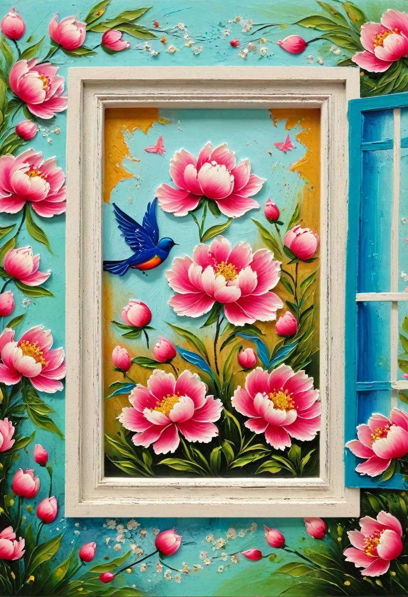 indoor,window,Beautiful scenery,A painting in a white plaster frame on an easel:(((Soft tones,Chalk painting,Oil stick painting,flight,Thick coating,Uneven texture,Plaster texture,Graffiti)))。Korean style framed decorative painting,3D Decorating,French style peony flower