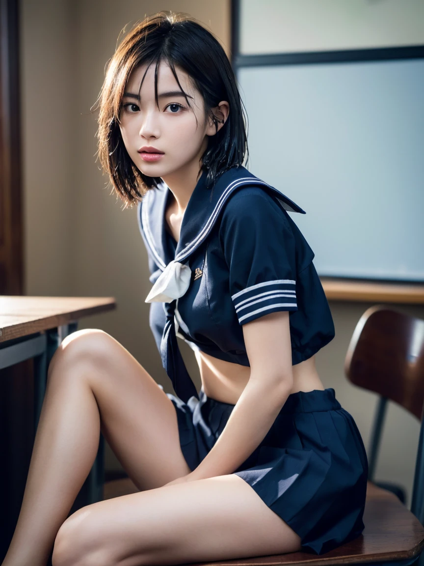 (masterpiece:1.2), Very detailed, Ultra-high resolution, (Realistic, photo Realistic:1.6), High-resolution RAW color photos, Professional photos, Sharp focus:1.2, (Very detailed顔と肌の質感, Very beautiful eyes, Glossのある肌, Glowing Skin, Glowing Skin, Shining Face, Gloss, Oily skin, greasy face, Oily skin, greasy face,),, (real Glossのある肌 texture), Perfect Anatomy, Very detailed背景,(High school classroom at night),1 female,25-year-old woman, Japanese women,Height: 168cm,(short hair, Straight hair, bangs, Brown Hair),((Flat Chest:1.6)),(Slender legs), ((((White short-sleeved sailor suit、Navy blue pleated skirt:1.5、A perfectly detailed sexy bra inside a sailor uniform:1.4、Perfectly detailed sexy string thong inside the skirt))),((sit at a desk with your knees up:1.3))、(((A translucent sailor uniform, wet and see-through:1.4))),Invite to sex