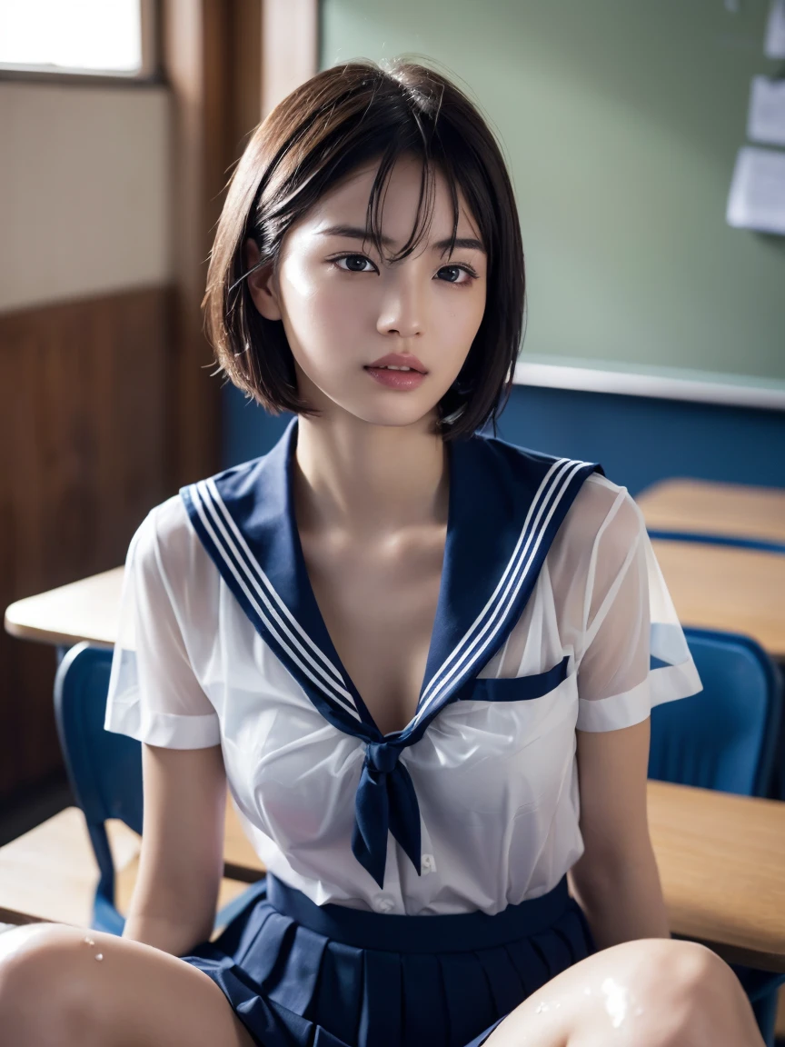 (masterpiece:1.2), Very detailed, Ultra-high resolution, (Realistic, photo Realistic:1.6), High-resolution RAW color photos, Professional photos, Sharp focus:1.2, (Very detailed顔と肌の質感, Very beautiful eyes, Glossのある肌, Glowing Skin, Glowing Skin, Shining Face, Gloss, Oily skin, greasy face, Oily skin, greasy face,), (real Glossのある肌 texture), Perfect Anatomy, Very detailed背景,(High school classroom at night),1 female,25-year-old woman, Japanese women,height: 168cm,short hair, Straight hair, bangs, Brown Hair,((Flat Chest:1.6)),Slender legs, ((((See-through white short-sleeved sailor suit)))),((Completely naked:1.6)),((A sailor uniform that was wet from the rain and showed her bra:1.6))