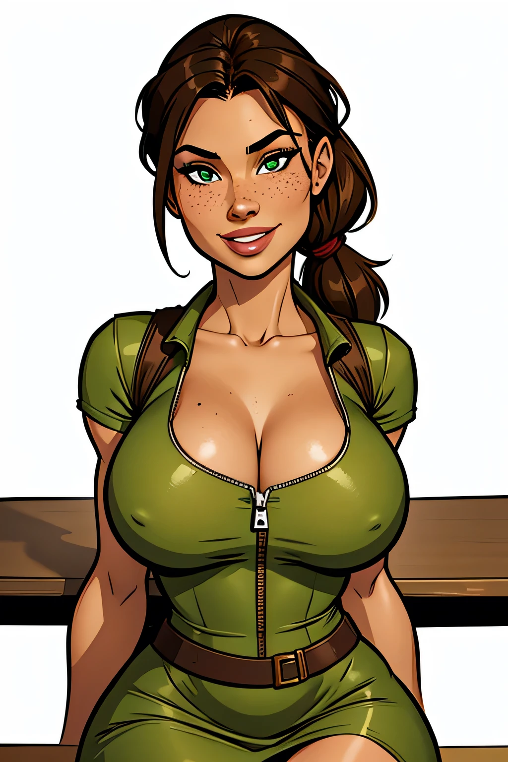 Thin woman (Lara Croft), age 25, 4K (High definition), beautiful smiling, seducing gaze, eyes browns, wearing a green dress (com zipper lateral) and short sleeves, arms positioned at the side of the body, brunette skin, long brown hair tangled (pony-tail), upper body (sitting at the table), full of curves with freckles on her chest and neck, round breasts. High-quality Marvel style, white background.
