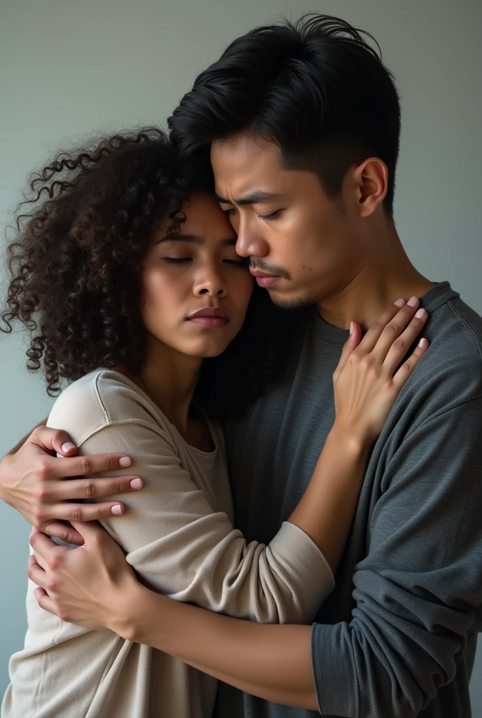 Realistic photo of a mixed race mother and father, tired and sad and hugging each other