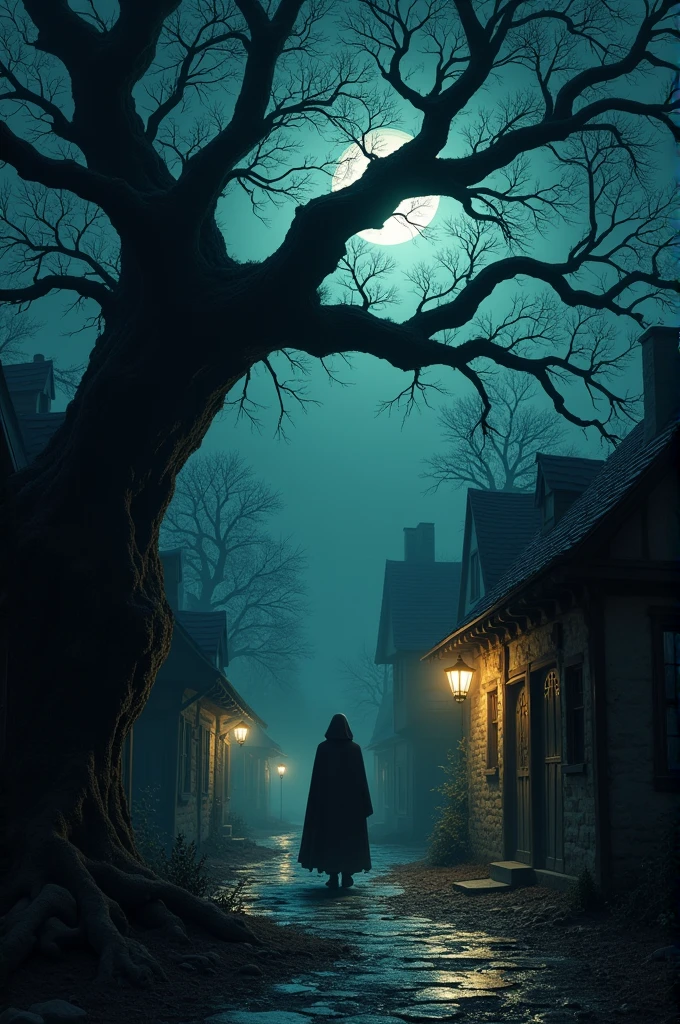 A dark village at night with a mysterious shadow under a tree