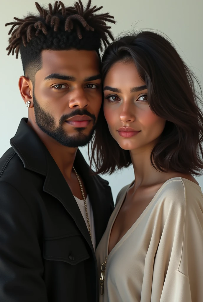 Casal bonito jovem, com uma mulher negra e um homem pardo.