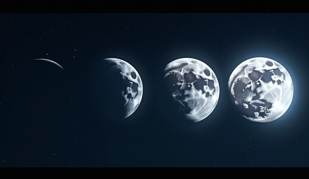 A series of four images arranged in a collage, each showing a different phase of the Moon in a clear, realistic style. The images are set against a backdrop of a starry sky, capturing the distinct energies of each phase. --ar 16:9