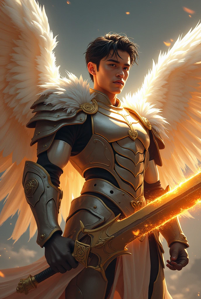 Boy Age 16 Wear a Golden Armor Sixpack,have 6 Wings,Comma Hair Hairstyle,Black gradient Grey Hair,Carrying 2 swords on the right is Scimitar and the Left is Katana,Flying at The sky,Illuminated by the moonlight at night,With some Lightning Flashes behind him 