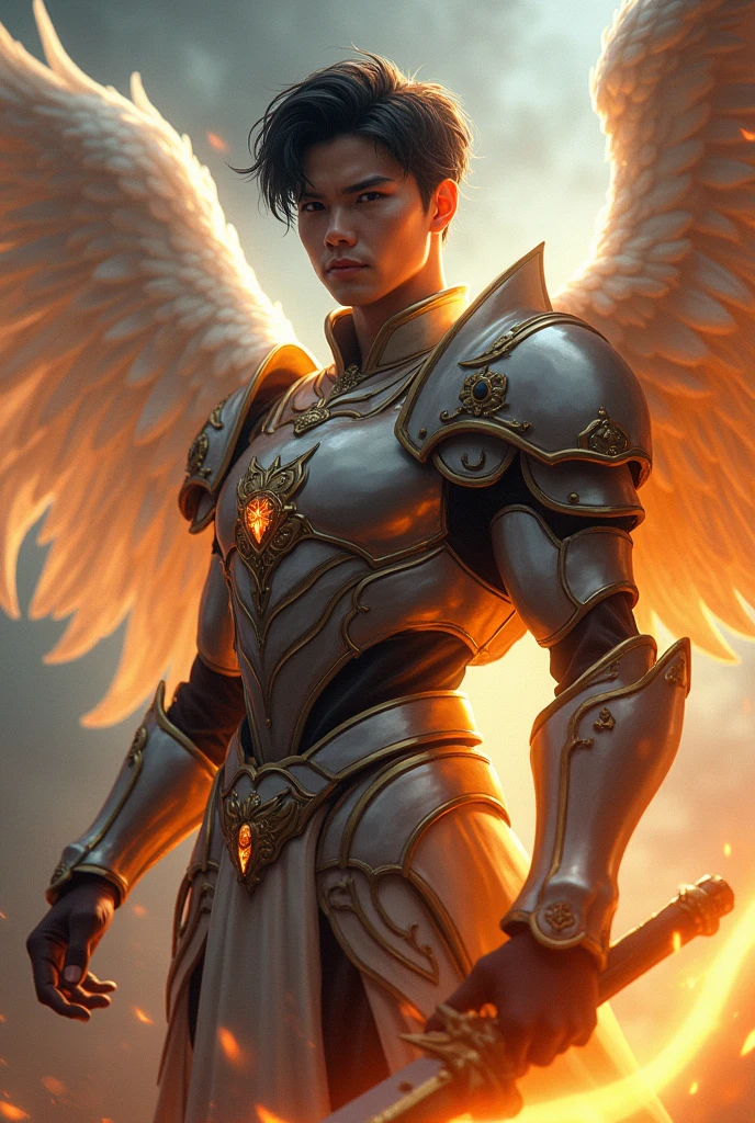 masterpiece, best quality, realistic, ultra detailed, sexy, homoerotic, dungeons and dragons, character design, baby-faced chinito filipino, stylish dark hair, white angel wings, celestial heavy armor, dramatic heroic pose with flaming sword, ambient lighting, dramatic shadows