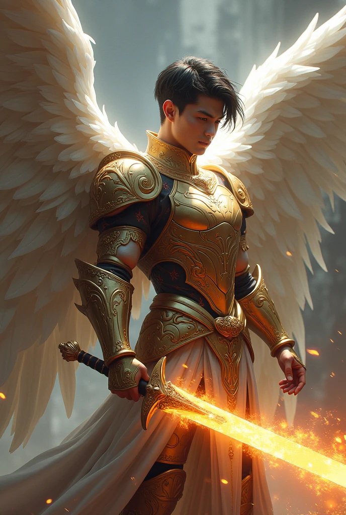 masterpiece, best quality, realistic, ultra detailed, sexy, homoerotic, dungeons and dragons, character design, baby-faced chinito filipino, stylish dark hair, white angel wings, celestial heavy armor, dramatic heroic pose with flaming sword, ambient lighting, dramatic shadows