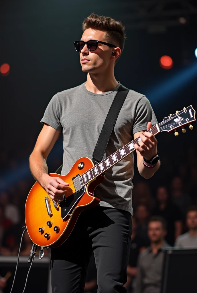 25 year old Caucasian young man playing electric guitar. This is a 1959 Gibson Les Paul. The man got a fade at the hairdresser so his hair is very well done. The man has slightly green eyes. He is dressed classy but without overdoing it.. Small Casual T-shirt with fitted pants. The photo is taken at a concert so he is on stage. The man has 70s style sunglasses, he is facing his audience
