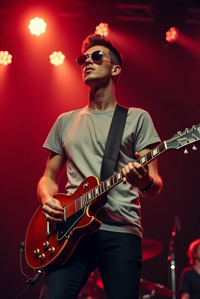 25 year old Caucasian young man playing electric guitar. This is a 1959 Gibson Les Paul. The man got a fade at the hairdresser so his hair is very well done. The man has slightly green eyes. He is dressed classy but without overdoing it.. Small Casual T-shirt with fitted pants. The photo is taken at a concert so he is on stage. The man has 70s style sunglasses, he is facing his audience