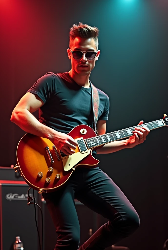 25 year old Caucasian young man playing electric guitar. This is a 1959 Gibson Les Paul. The man got a fade at the hairdresser so his hair is very well done. The man has slightly green eyes. He is dressed classy but without overdoing it.. Small Casual T-shirt with fitted pants. The photo is taken at a concert so he is on stage. The man has 70s style sunglasses, he is facing his audience