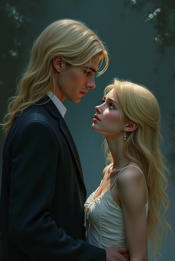 man and woman, The man must have long blond hair, Tez blanca del mismo color de piel que la mujer, He must not have a beard , blue eyes, high, the woman has to have blonde hair, Tez blanca, eyes the color of honey, angelic and cute appearance, They both look at each other in pain, dark background, both should look young, They are in the University