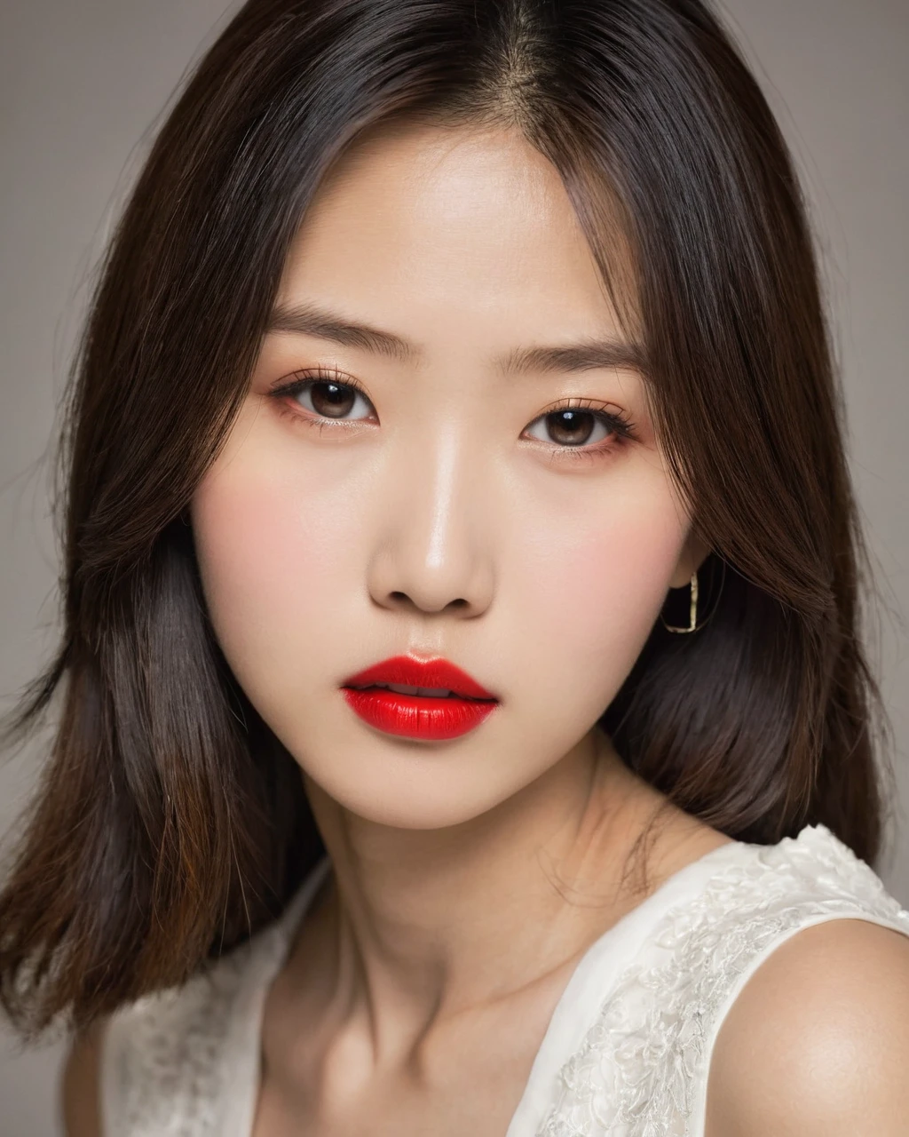 19 year old girl face, japanese, very pretty, by the wide, Red lips, photographic quality, masterpiece. 