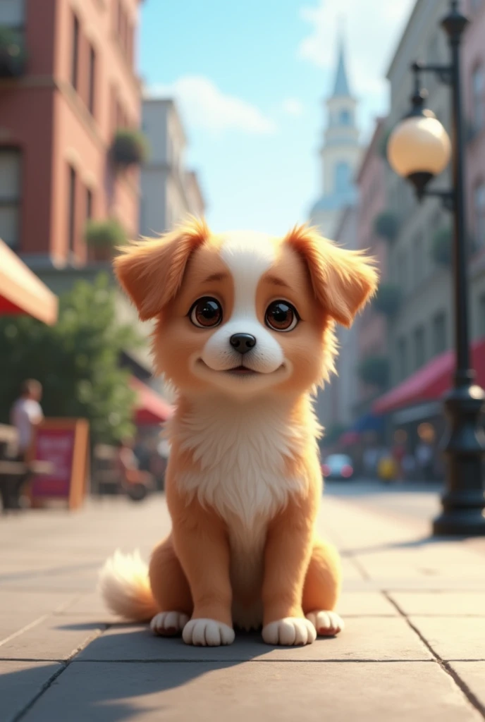 from this platform: "There is a small dog sitting on the sidewalk" place a white part on the nose