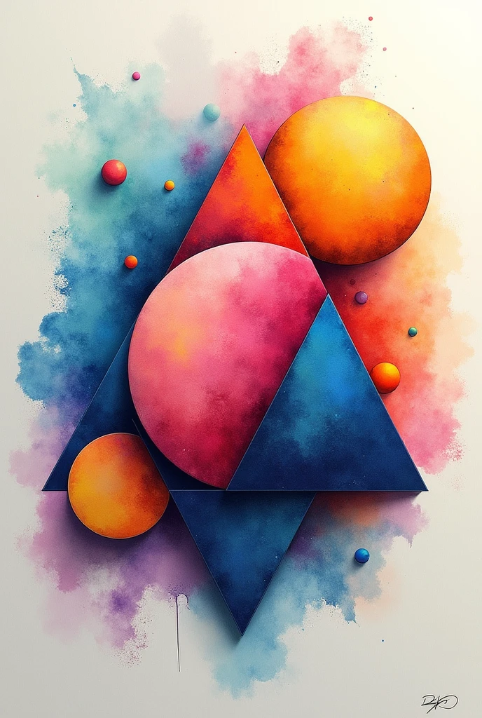 Create a 3D triangle, circle and square. Using the mixed media water color and colored pencil combination. Use vibrant color. The light source is in the upper right.