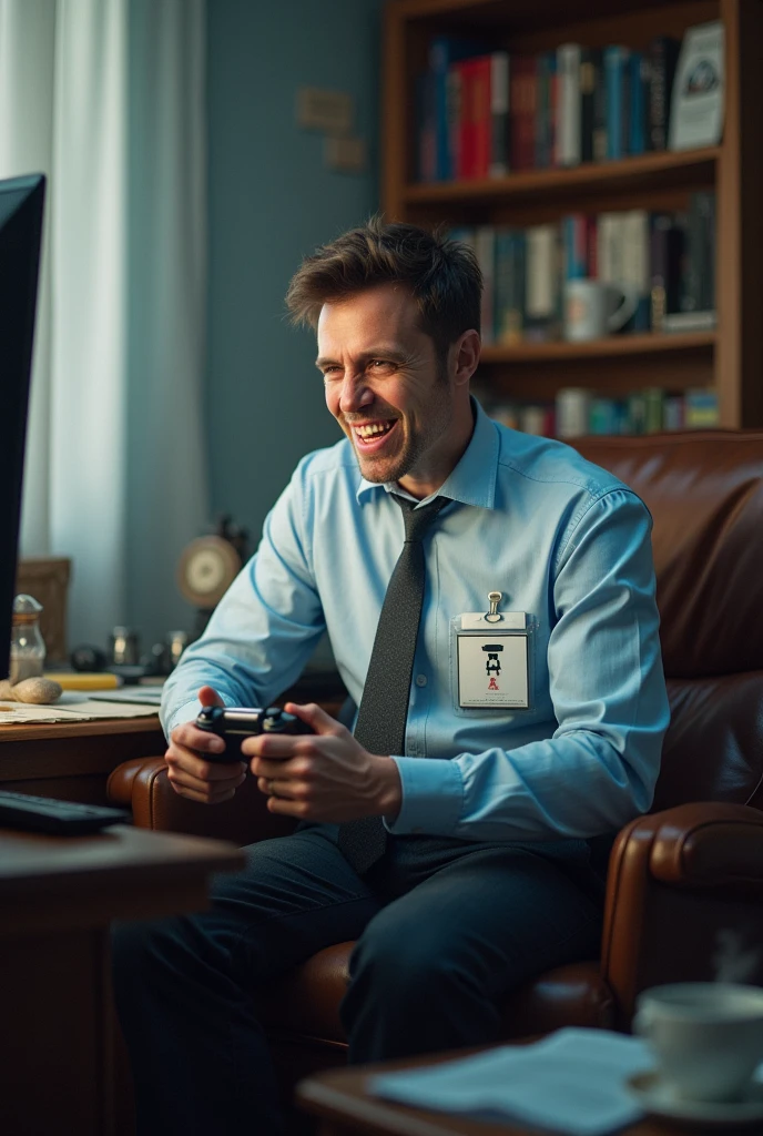 naughty man, social shirt, tie and badge playing video games