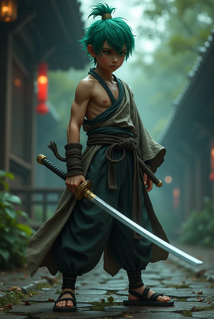 Skinny muscular dark-skinned boy with green hair and katana sword in