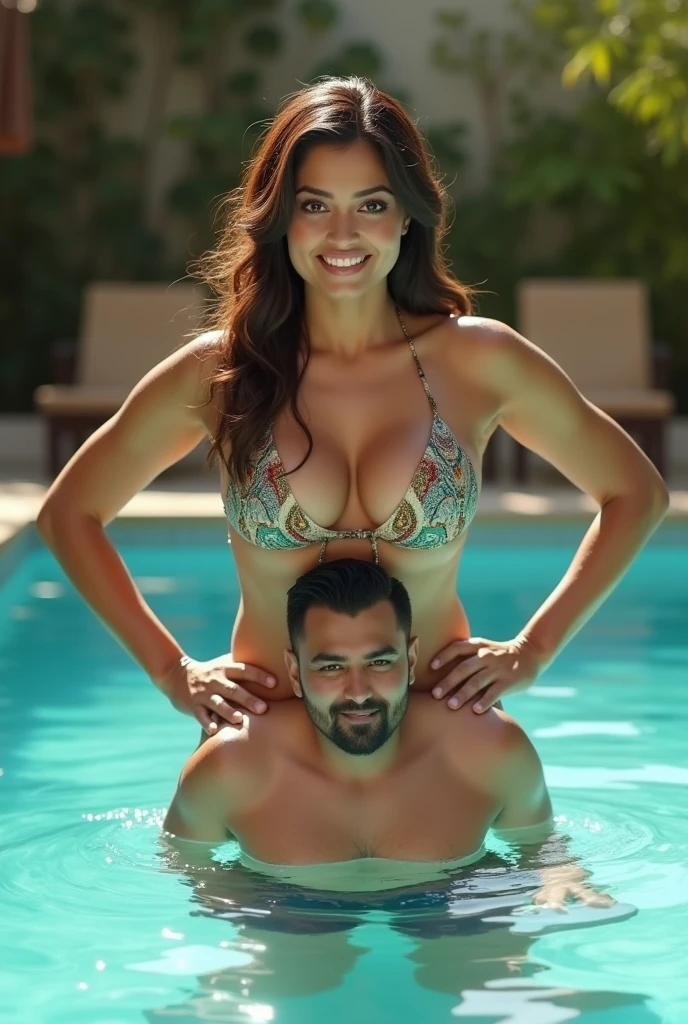 Casal na piscina loiros homem e mulher, They are in the pool, she is wearing a bikini, all wet and he is muscular in a white swim trunks hugging her, she is pregnant with big breasts, taking a bath with a hose, several drops falling richly thin 