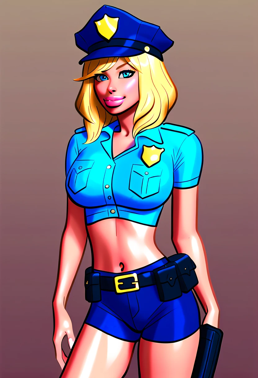 score_5_up,score_6_up,score_7_up,
 1girl, solo, wearing (police uniform, police cap, shorts, belt, holster), medium hair, blonde hair