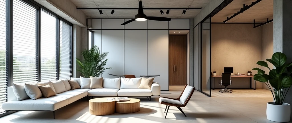 "Create a realistic render of a modern and open living space with an industrial and minimalist design. The room features large floor-to-ceiling windows with horizontal blinds, allowing ample natural light to fill the space. A white sectional sofa is positioned along the left wall, adorned with neutral-toned pillows. In front of the sofa, two circular wooden coffee tables are placed, holding a small decorative vase. The right side of the room is divided by a sleek glass partition with black metal frames, separating the living area from a modern office space. The office is furnished with a desk, chair, and minimal decor, all visible through the transparent partition. The flooring is a light, smooth concrete, complementing the room's industrial aesthetic. The ceiling is equipped with black track lighting, while a large ceiling fan adds functionality and style. A modern lounge chair is placed near a corner with a large potted plant, adding a touch of greenery to the otherwise monochromatic space. The overall atmosphere is clean, modern, and functional, with a focus on simplicity and industrial design elements."