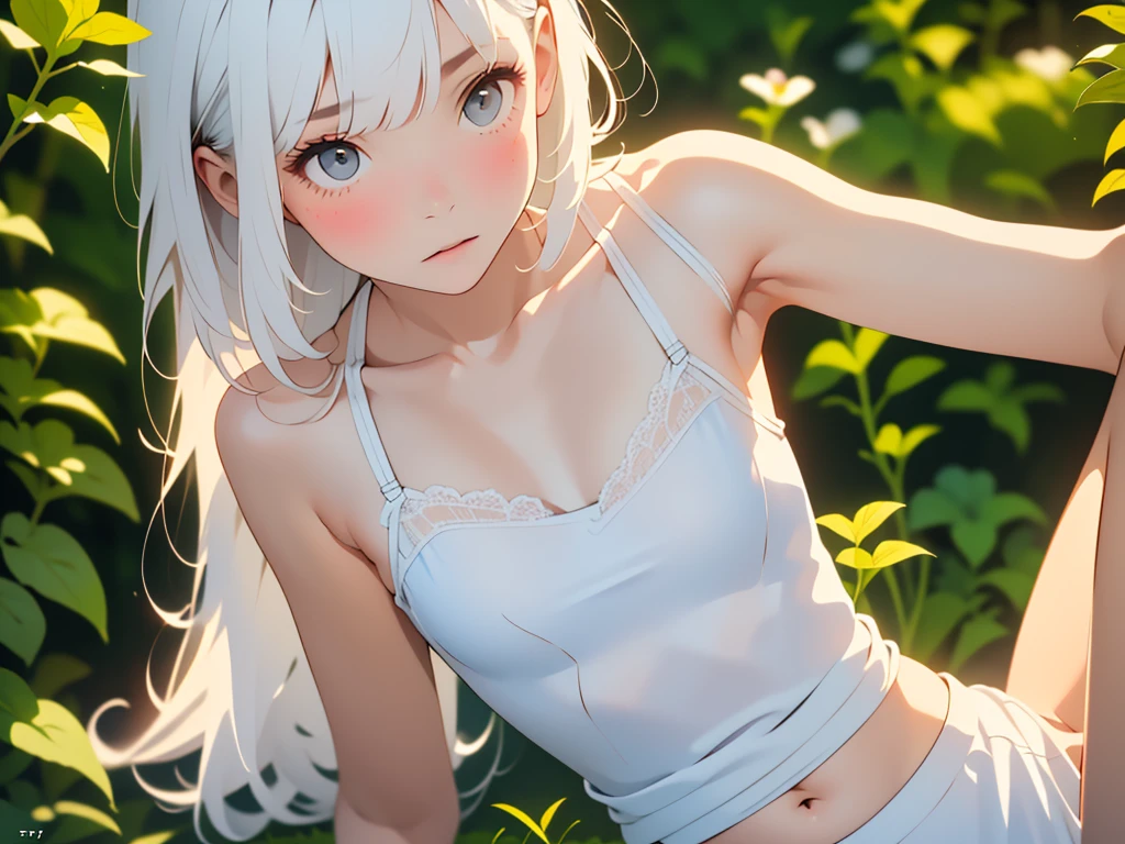 Low Leg, Low rise, albino, (((Realistic images))), Translucent white skin, White camisole, ((girl, Upper body angle)), the skin is transparent, Make the expression more realistic, thin, Soft and smooth white hair, Highlight wrinkles in clothing, Highest quality, High resolution, Extremely detailed 8K, (Ultra HD, Very detailed, Very detailed, Very Realistic, Ultra-realistic, Realistic), One Girl, One thumb, View 4 books, The underwear you are wearing is very soft and pleasant to the touch...., Stagnation, beautiful girl with a slim body, Waist-length white hair, Gray Eye Room, Chic monochrome room, Foliage plant,