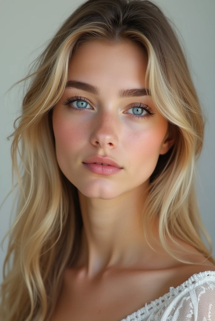 20 years old woman, realistic, long hair, blond clair, blue eye, smooth hair