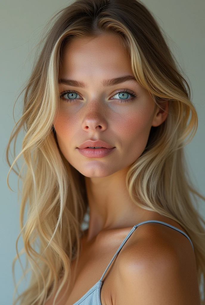 20 years old woman, realistic, long hair, blond clair, blue eye, smooth hair