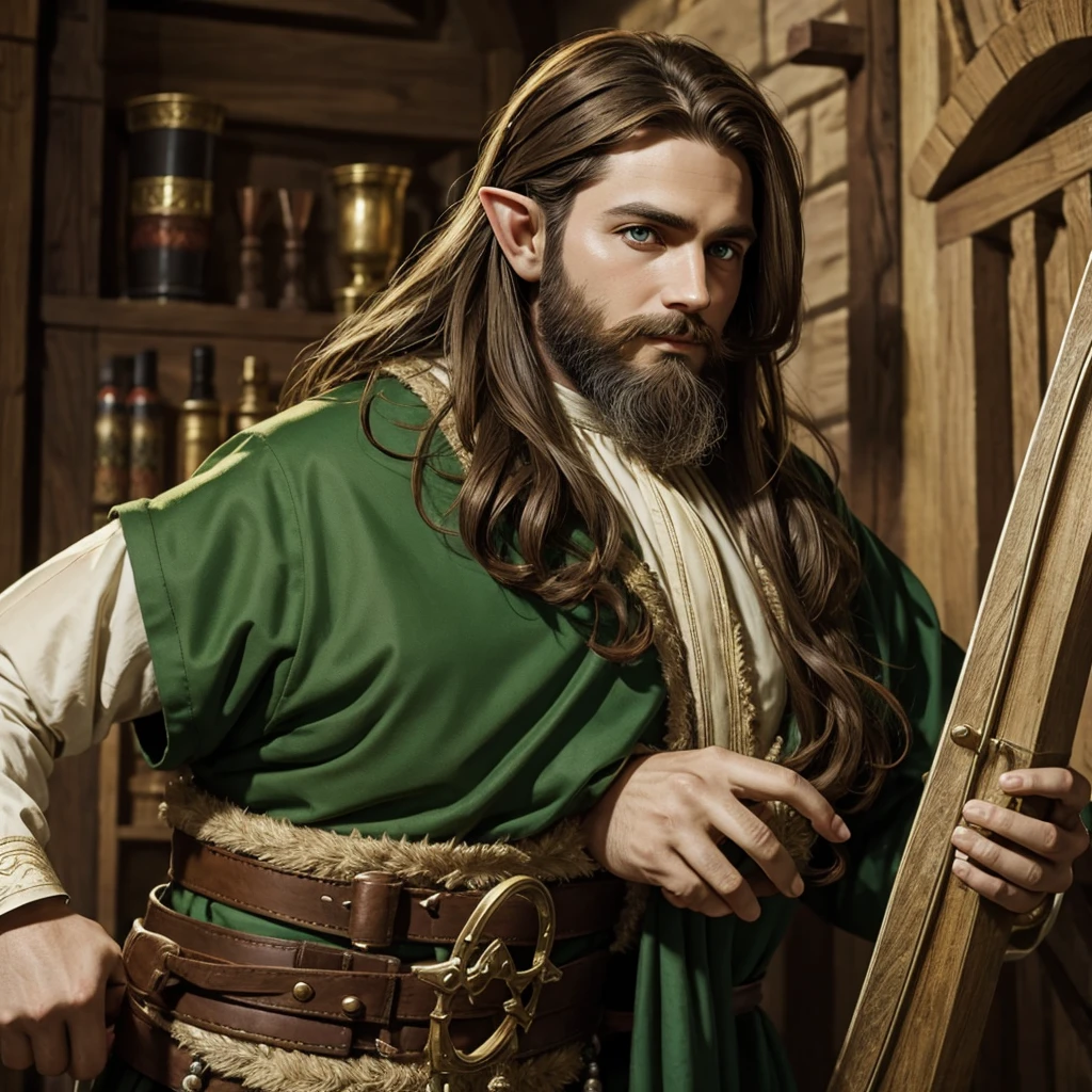elf, Brown hair, green eyes, trimmed beard, bard profession, medieval era
