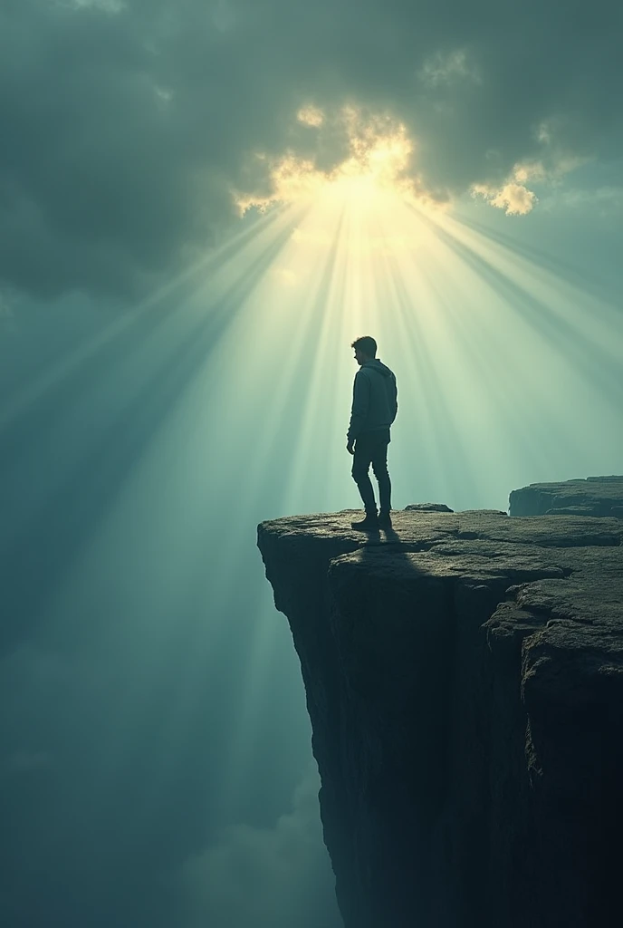 A person standing on the edge of a rugged cliff, gazing out over a vast landscape that symbolizes mental challenges. The scene is symbolic, with dark clouds representing doubts and fears, while rays of light breaking through the clouds signify hope and clarity. The person appears determined and ready to take the leap or navigate the rocky path ahead, embodying the strength to overcome obstacles. The environment is both daunting and inspiring, capturing the essence of facing and conquering mental challenges.