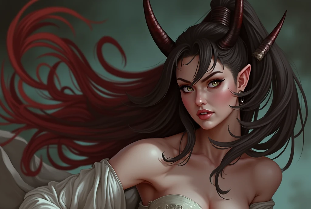 a beautiful succubus with black hair and pale skin, malicious smile, cold expression, goddess-like, detailed face and eyes, intricate tattoos, dark fantasy, dramatic lighting, cinematic composition, photorealistic, hyper detailed, 8k, masterpiece