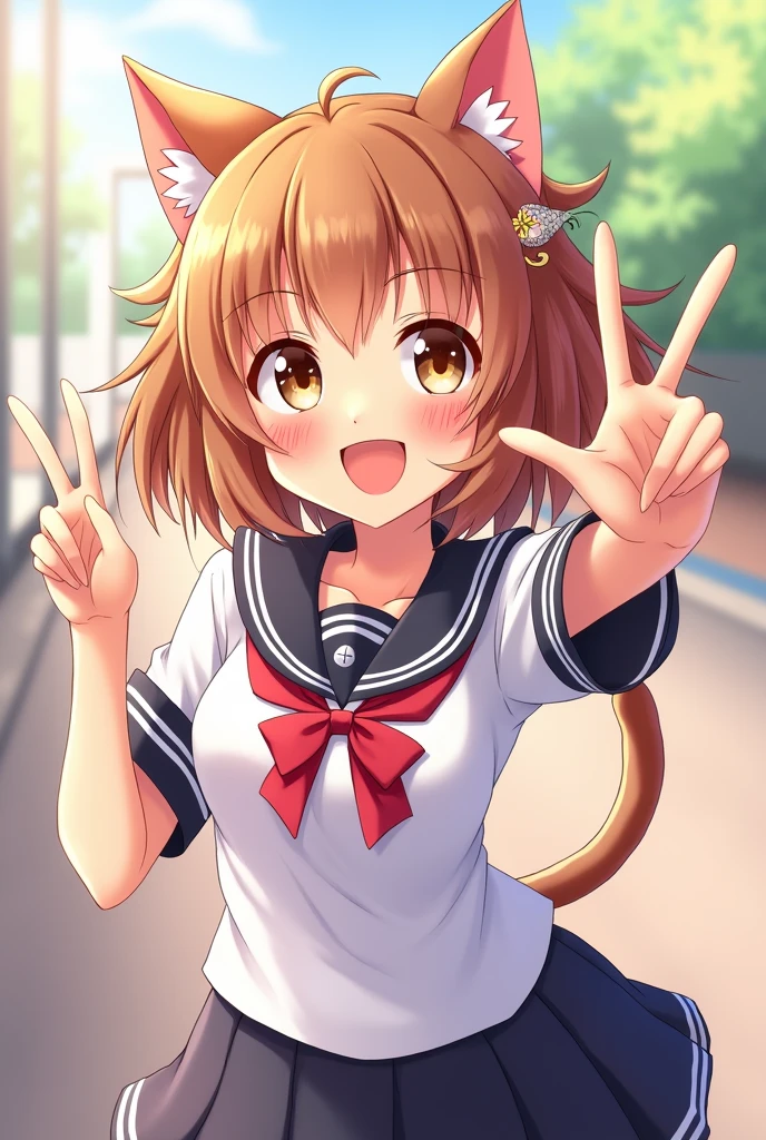 anime catgirl posing peace sign