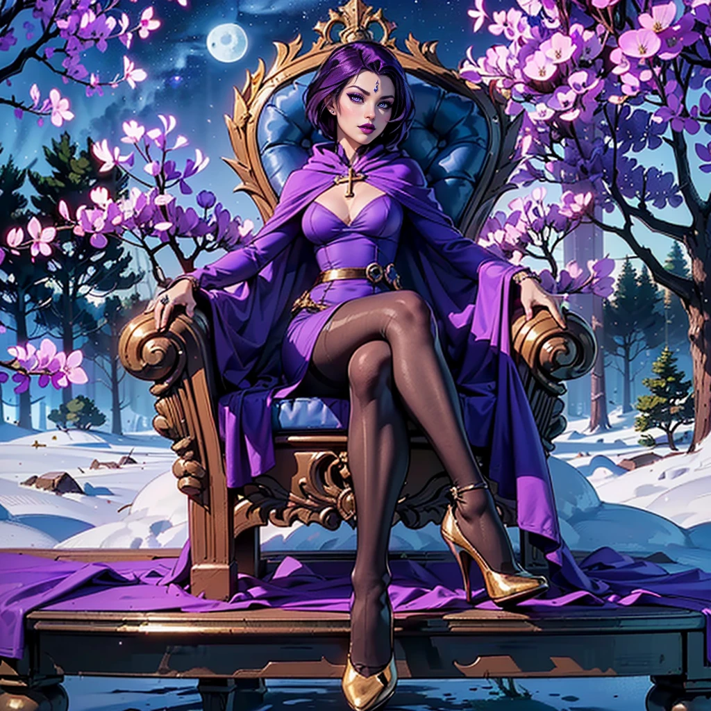 ((Masterpiece, 1girl, solo, alone ((RavenTT, short hair, dark purple hair, dark purple eyes)), Smug)), ((pink lipstick, Extremely detailed, ambient soft lighting, 4k, perfect eyes, a perfect face, perfect lighting, a 1girl)), (((purple dress, bodycon dress, navy-blue cloak, detail, forest in the background, marble balcony, sitting on a throne, sitting cross-legged, legs crossed, furry dress, high heels, fine jewelry, pantyhose, jacaranda forest, night, full moon, milky way, stars, snow))