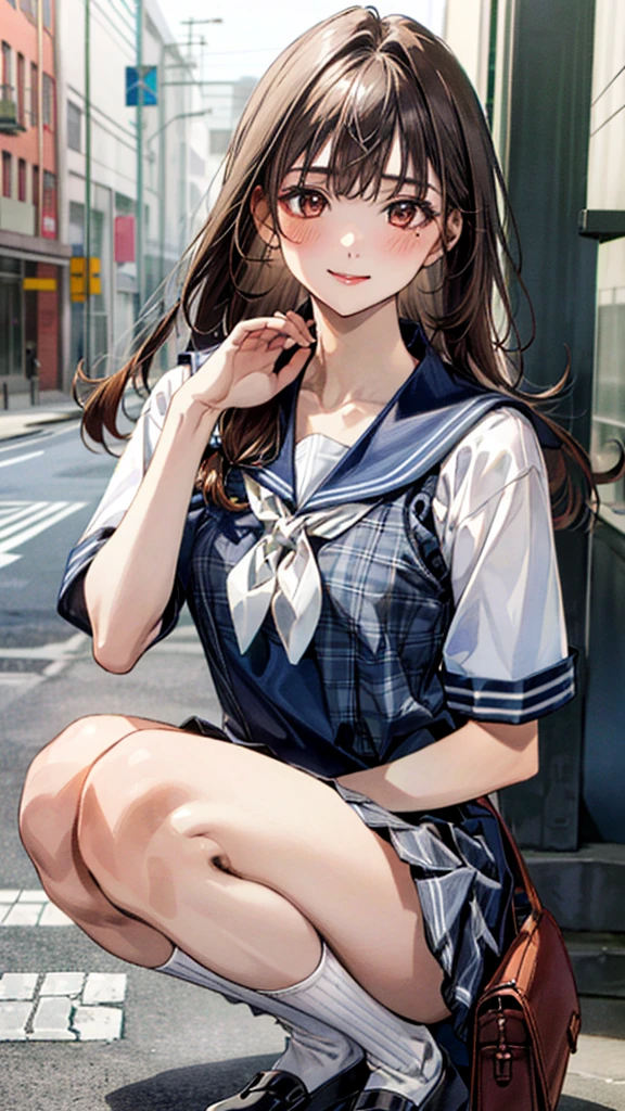  (((Ultra-small micro sailor suit))),(masterpiece:1.3, top-quality), ultra high res, ultra detailed, (realistic, photorealistic:1.4), beautiful illustration, perfect lighting, colorful, depth of fields, 
looking at viewer, (face focus, upper body), 1 girl, 独奏, hight school girl, gravure model, (large breasts:0.8, large ass, seductive thighs, skindentation),
(long hair:1.2, straight hair:1.2, hair intakes, Bronze hair), asymmetrical bangs, (brown) eyes, drooping eyes, big eyes, shiny skin, 
beautiful hair, beautiful face, extremely detailed face, beautiful detailed eyes, beautiful clavicle, beautiful body, beautiful chest, beautiful thigh, beautiful legs, beautiful fingers, 
(detailed cloth texture, navy knit vest, collared short sleeve white shirt, grey plaid pleated skirt, grey plaid tie), black socks, white panties, black school bag,
(beautiful scenery), evening, (downtown, ), squatting, (lovely smile. upper eyes),