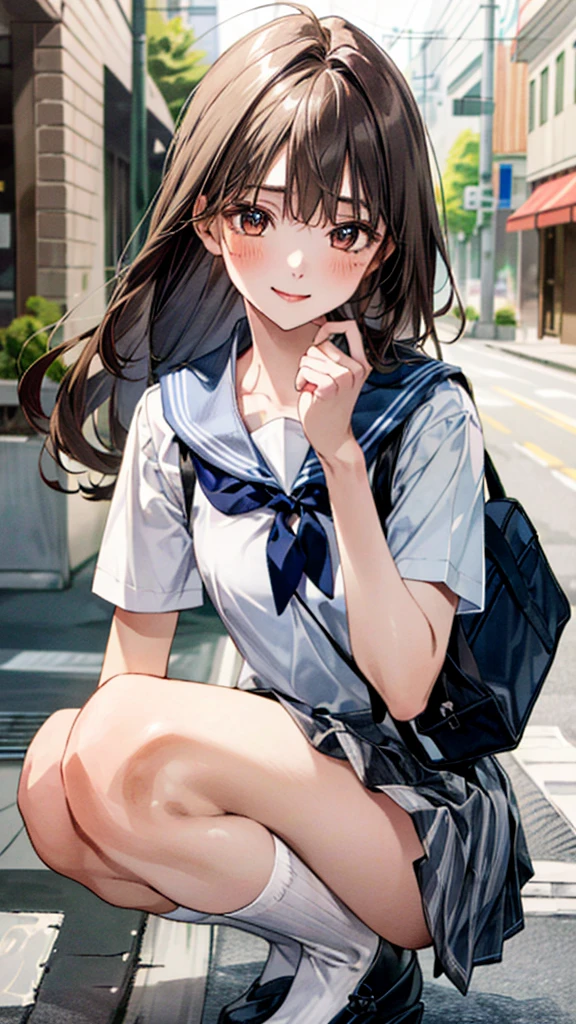  (((Ultra-small micro sailor suit))),(masterpiece:1.3, top-quality), ultra high res, ultra detailed, (realistic, photorealistic:1.4), beautiful illustration, perfect lighting, colorful, depth of fields, 
looking at viewer, (face focus, upper body), 1 girl, 独奏, hight school girl, gravure model, (large breasts:0.8, large ass, seductive thighs, skindentation),
(long hair:1.2, straight hair:1.2, hair intakes, Bronze hair), asymmetrical bangs, (brown) eyes, drooping eyes, big eyes, shiny skin, 
beautiful hair, beautiful face, extremely detailed face, beautiful detailed eyes, beautiful clavicle, beautiful body, beautiful chest, beautiful thigh, beautiful legs, beautiful fingers, 
(detailed cloth texture, navy knit vest, collared short sleeve white shirt, grey plaid pleated skirt, grey plaid tie), black socks, white panties, black school bag,
(beautiful scenery), evening, (downtown, ), squatting, (lovely smile. upper eyes),