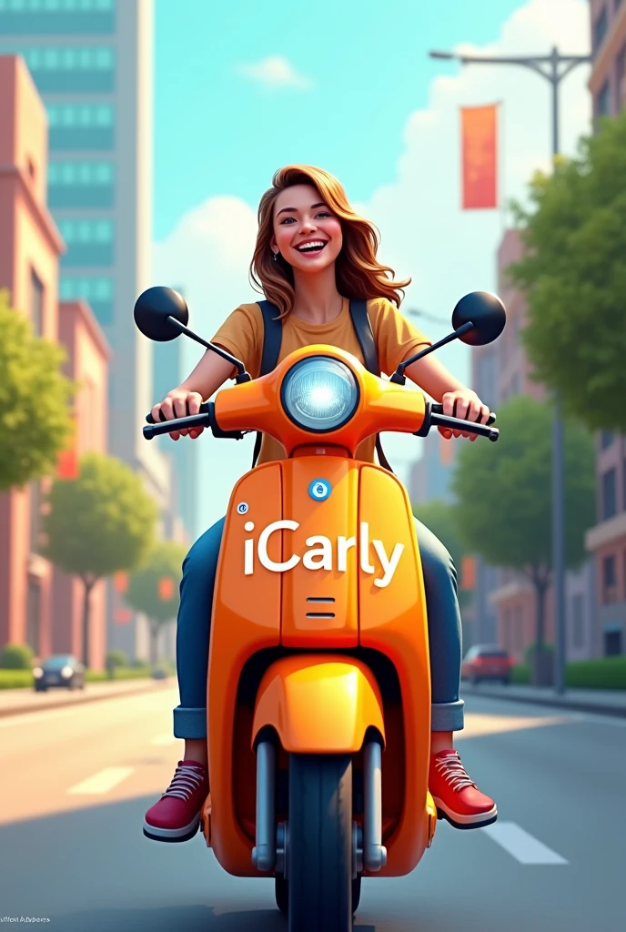 create an orange urban mobility logo that says iCarly. and in the background put a happy real person riding the orange motorcycle