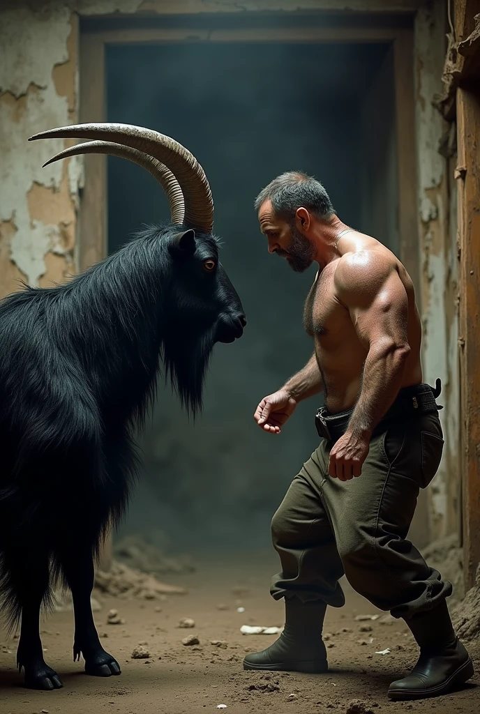 A thirty year old man fights an ordinary black goat with large horns, aggressive goat, the action takes place in an old Ukrainian house of the seventeenth century