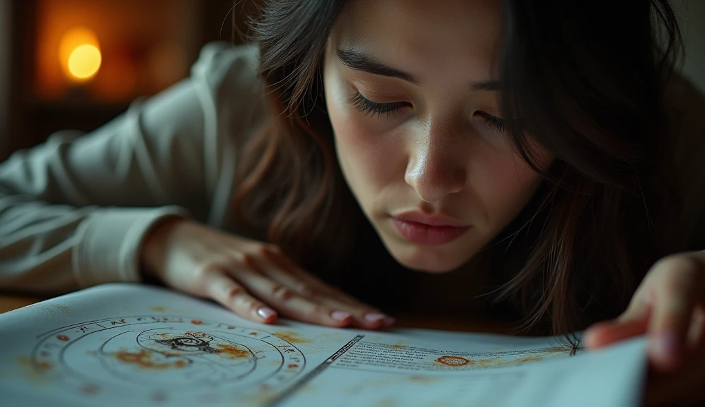 A close-up shot of a person’s zodiac chart with a highlighted Moon sign. The person is seen studying the chart in a well-lit room, with an emphasis on their intrigued expression and the astrological details. --ar 16:9