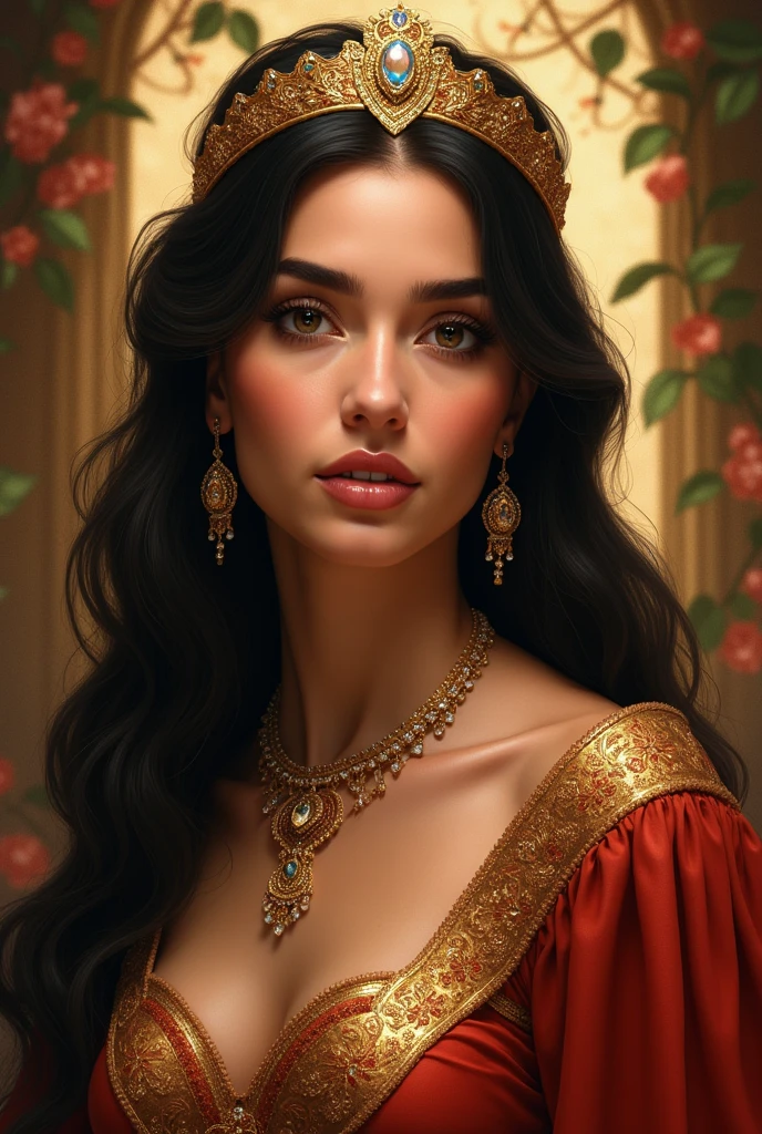Queen Esther, beautiful and lush, full of charm and with fine jewelry and a beautiful crown on her head.