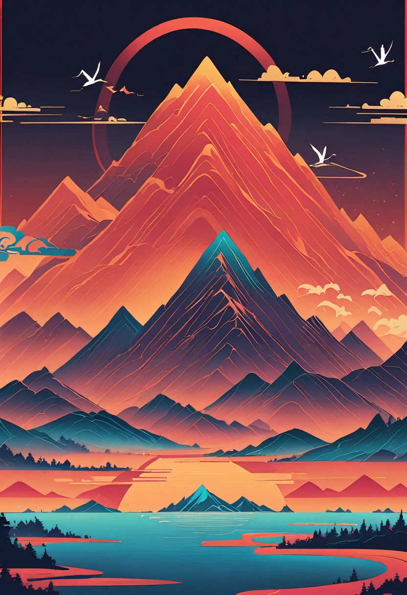 pine,Thousand Miles of Rivers and Mountains,Flying cranes,Lacquer、Comfort、Mountains,Gold Leaf,The minimalist composition of Chinese landscape painting、red sky solid color,illustration