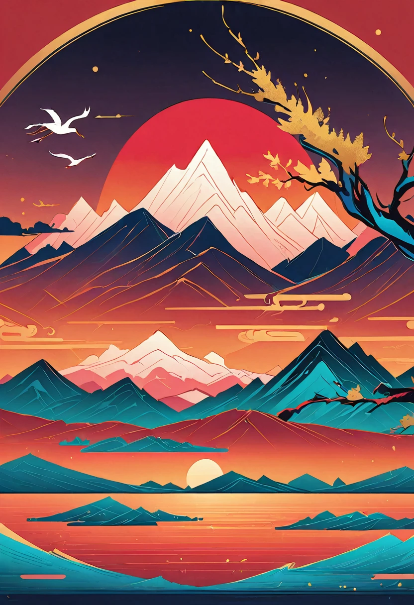 pine,Thousand Miles of Rivers and Mountains,Flying cranes,Lacquer、Comfort、Mountains,Gold Leaf,The minimalist composition of Chinese landscape painting、red sky solid color,illustration