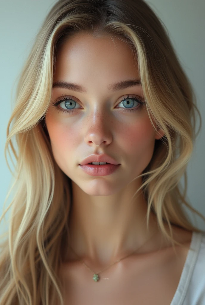 20 years old woman, realistic, long hair, blond clair, blue eye, flat slicked hair