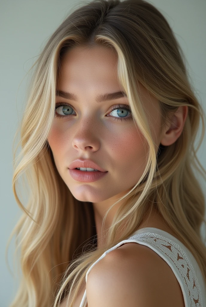 20 years old woman, realistic, long hair, blond clair, blue eye, flat slicked hair