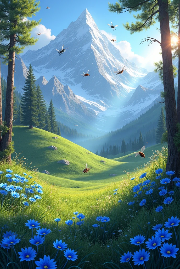 Fantastic landscape, low vegetation, grama verde, Sunnyday, insects flying around wildflowers only in blue color few beautiful pine trees in the background and in the distance gigantic snowy peaks, illustration fantasy medieval magic sunbeams between trees