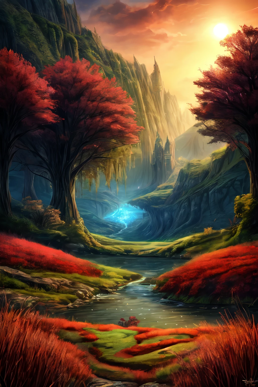 beautiful fantasy landscape, alien world, red grasses and green rivers